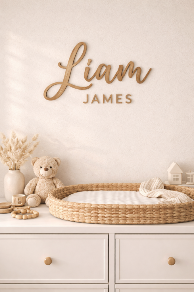 personalized wooden nursery name sign mounted on a soft neutral wall