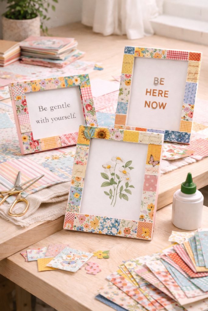 picture frames decorated with layered scrapbook paper