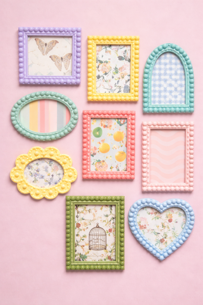 picture frames decorated with wooden craft beads around the borders