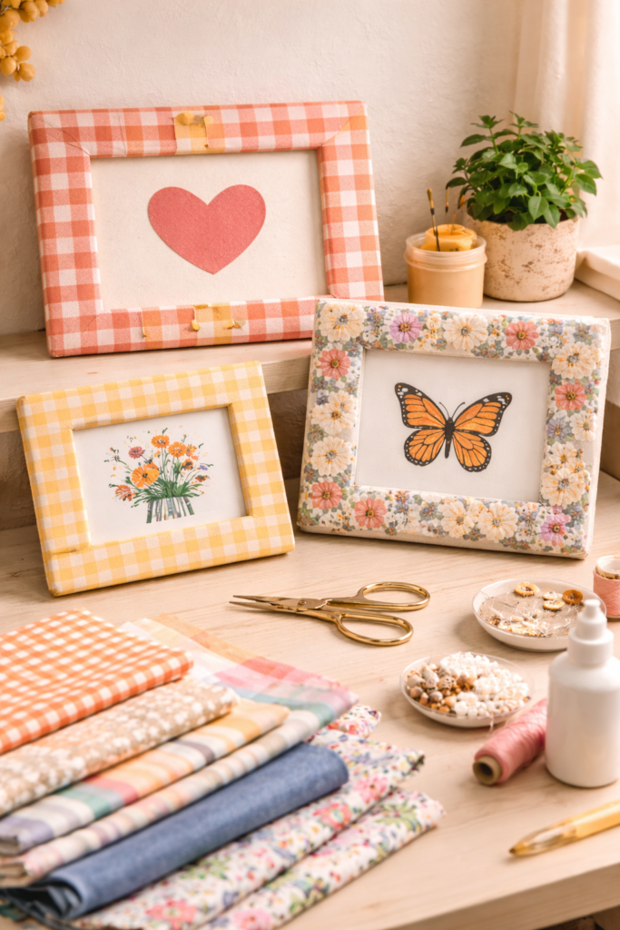 picture frames wrapped in colorful patterned fabrics