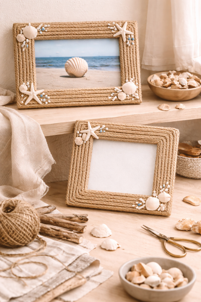 picture frames wrapped in natural jute rope with coastal textures