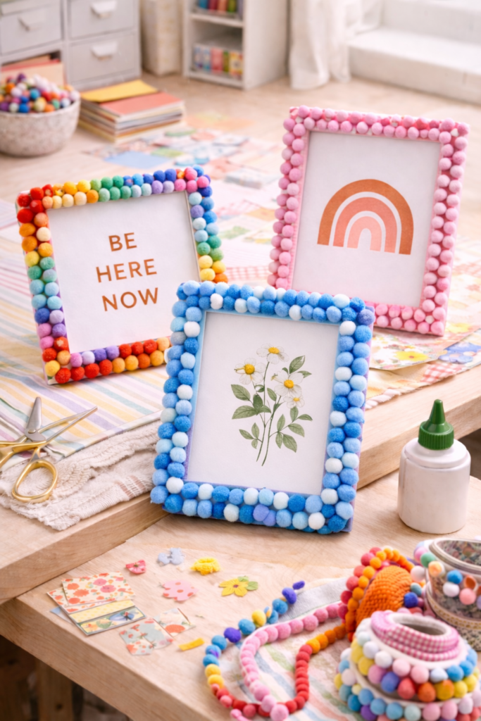 playful picture frames decorated with colorful pom-pom trim