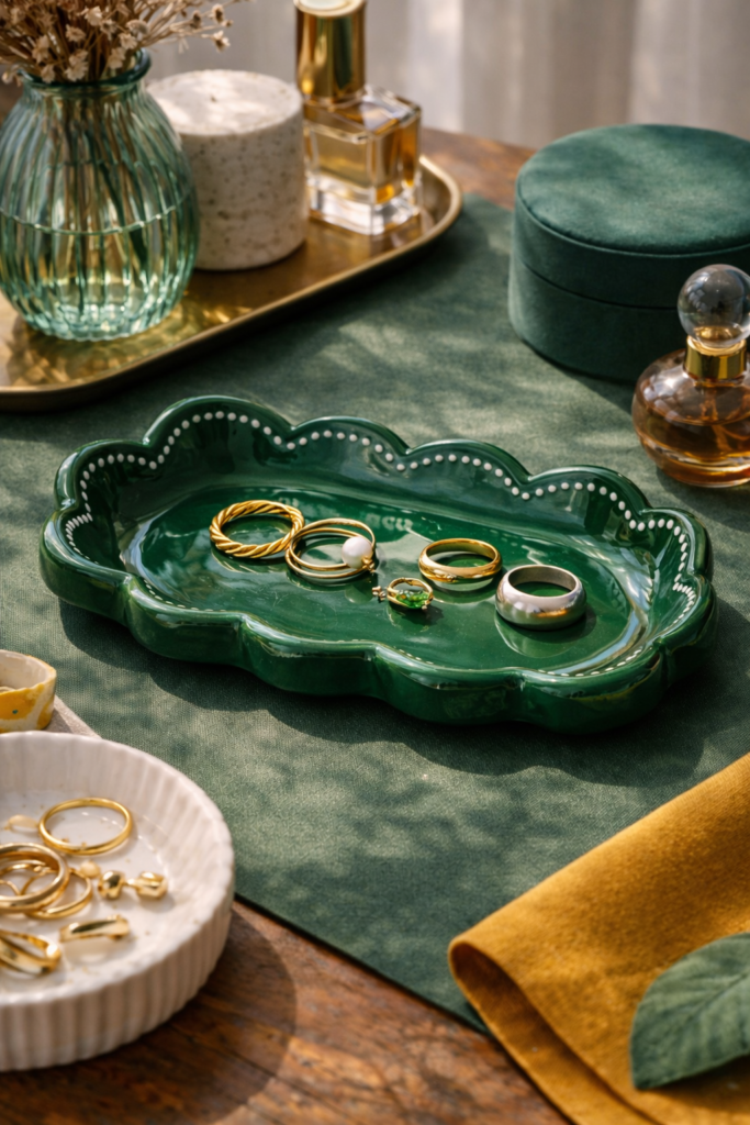 handmade scalloped edge clay tray painted terracotta with decorative curved edges