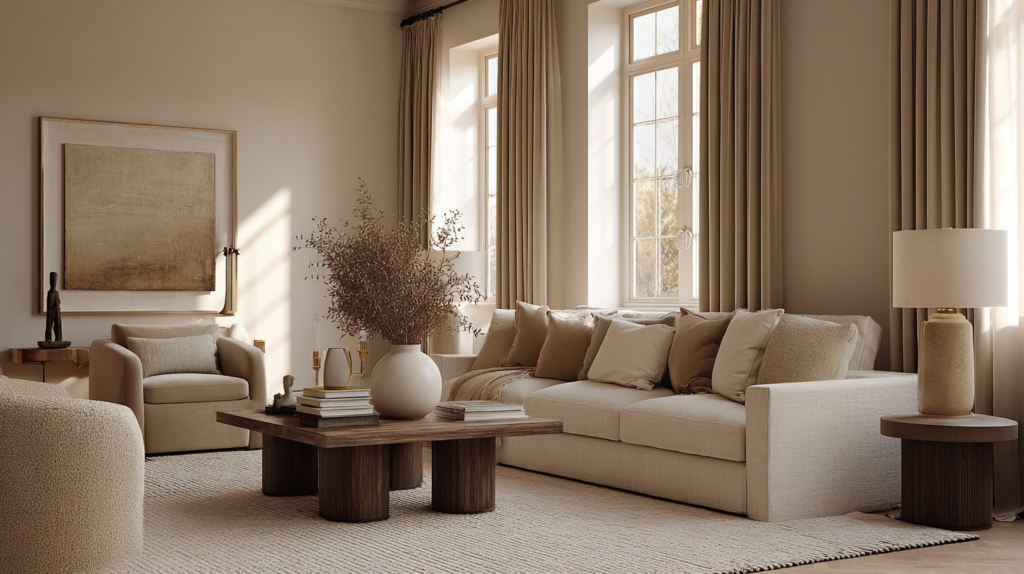 Cozy beige living room with layered neutral textures and warm natural light