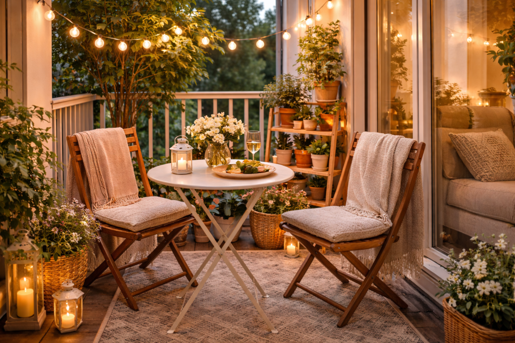 Beautifully decorated small apartment balcony with bistro table, string lights, plants, and cozy textiles in warm evening light