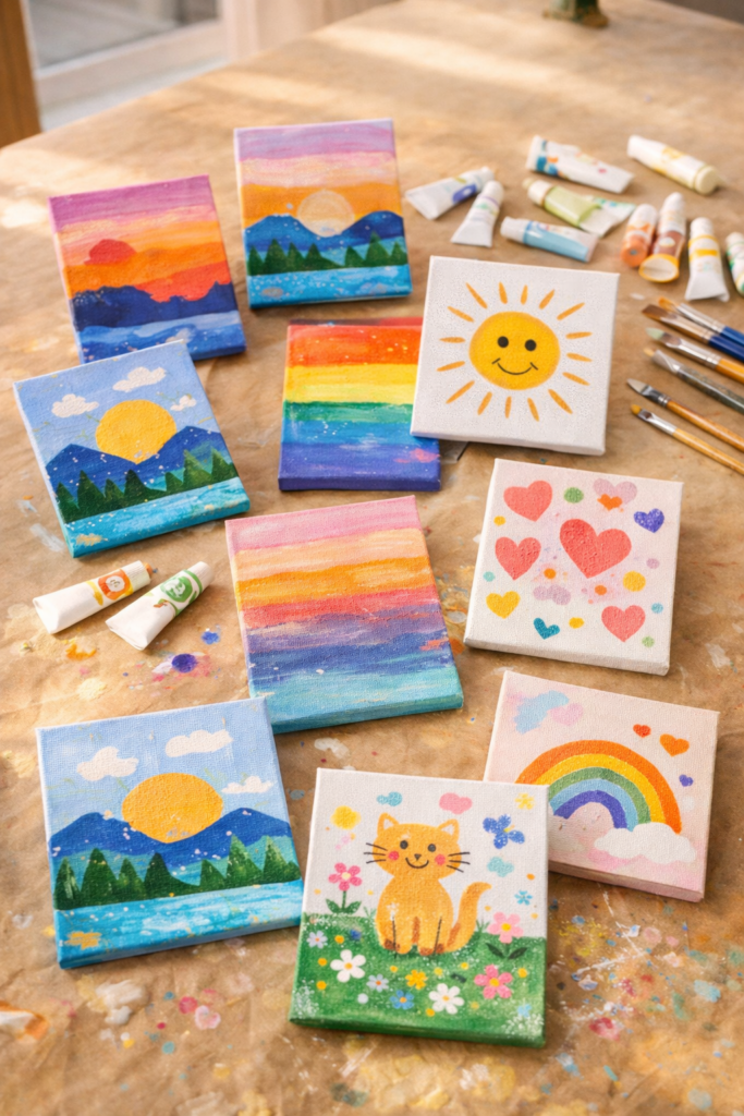 Family craft ideas - small canvases laid out on a protected table, neatly around