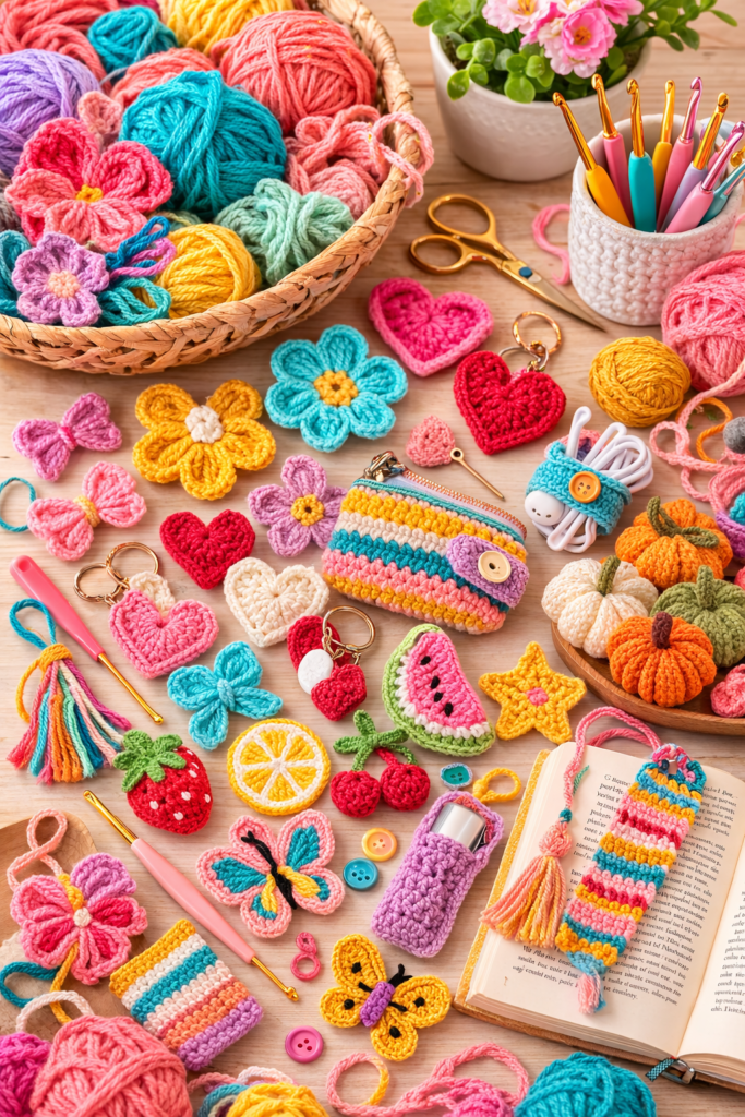 small crochet projects displayed together on a craft table.