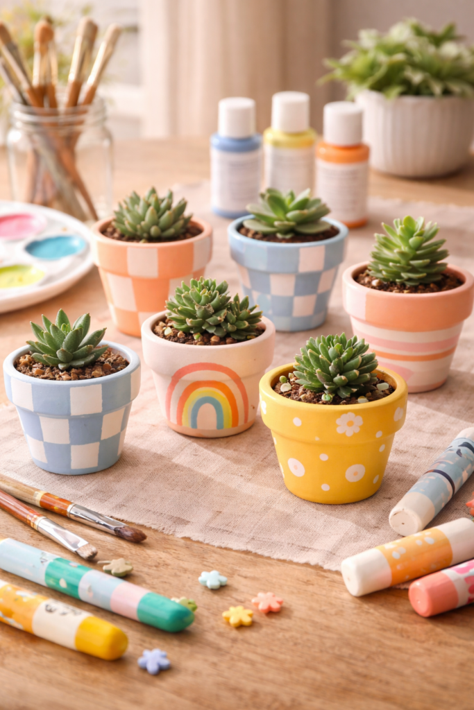 small terracotta pots painted in colorful arches, checker patterns, and soft neutral tones