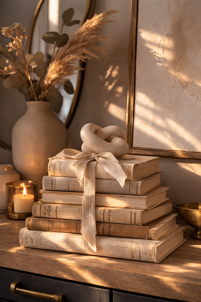 stacked vintage hardcover books with neutral spines styled on a wooden console table