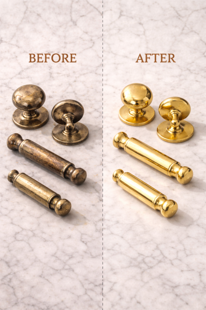 Before and after of heavily tarnished brass hardware restored to a polished shine