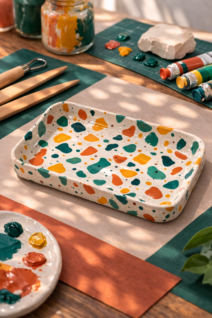handmade terrazzo style clay tray featuring colorful clay chips embedded