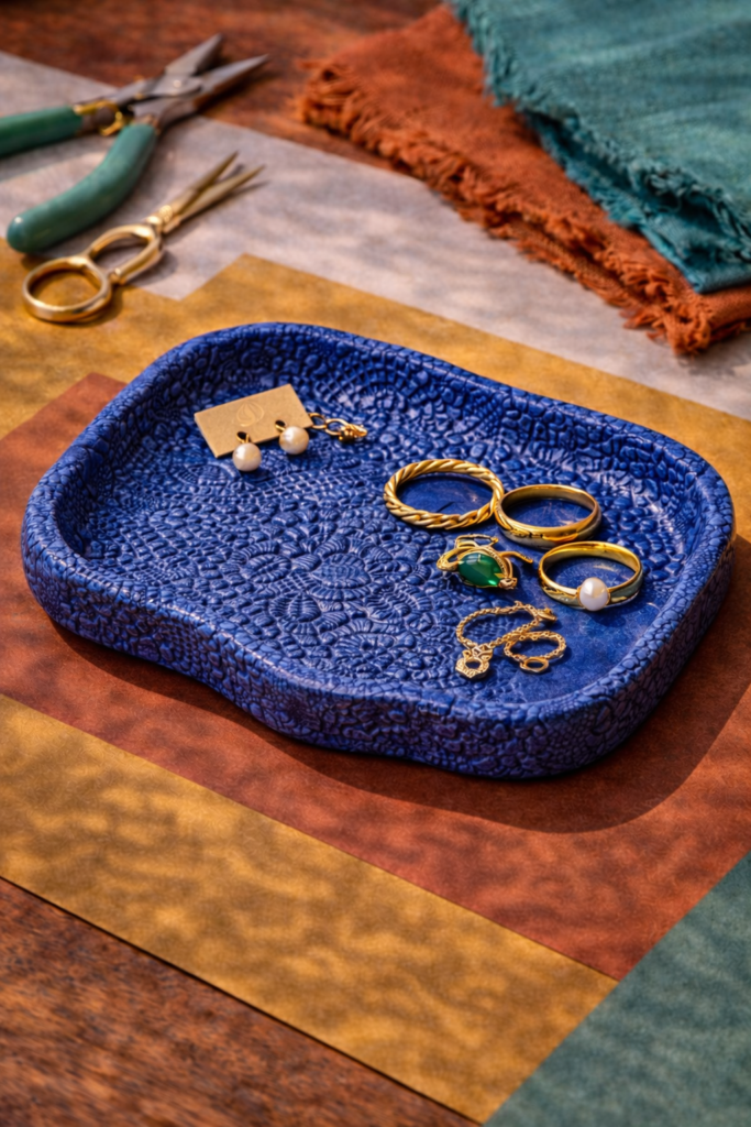 textured clay tray featuring lace or fabric pressed patterns across the clay surface, tray painted cobalt blue