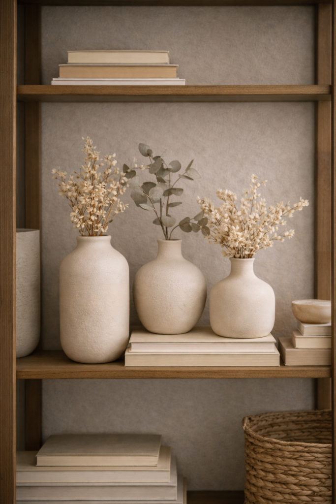 three mismatched thrifted ceramic vases spray-painted matte beige and styled together