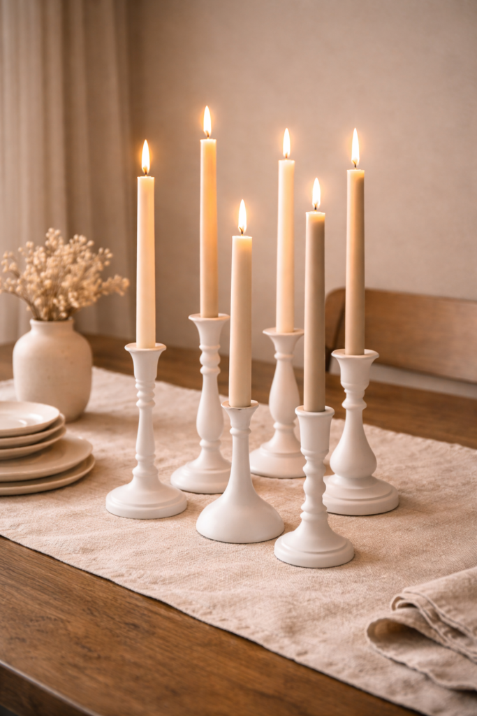 thrifted candle holders spray-painted matte white arranged on a dining table