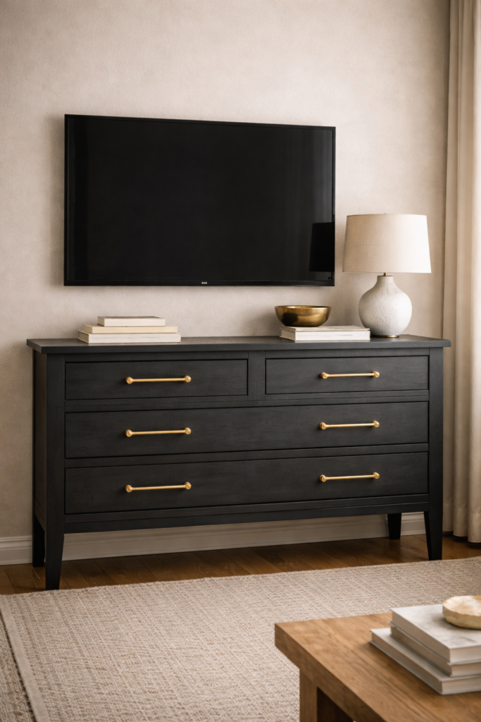 thrifted dresser transformed into a modern media console painted deep charcoal with brushed brass hardware.