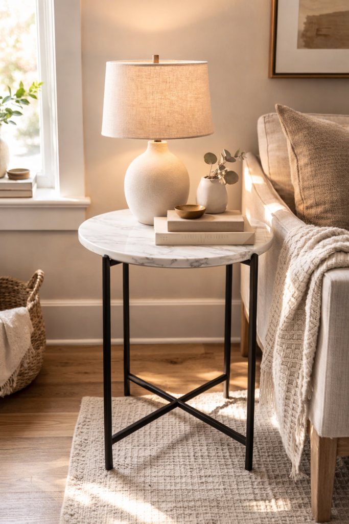 thrifted side table with faux marble top and slim black legs