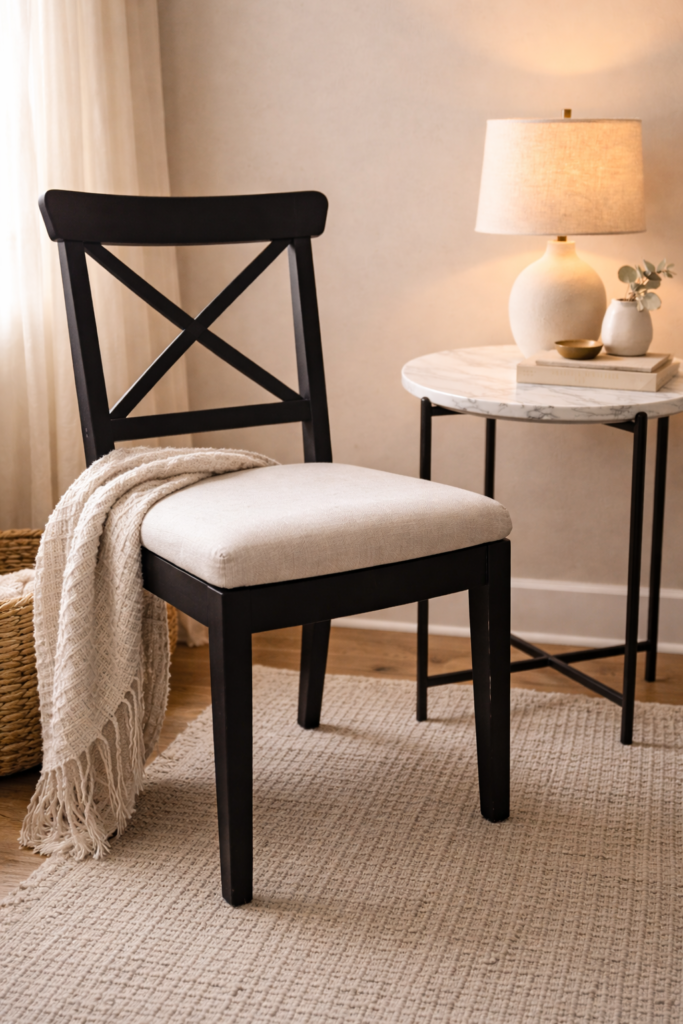 thrifted wooden chair painted warm black with newly upholstered linen seat cushion