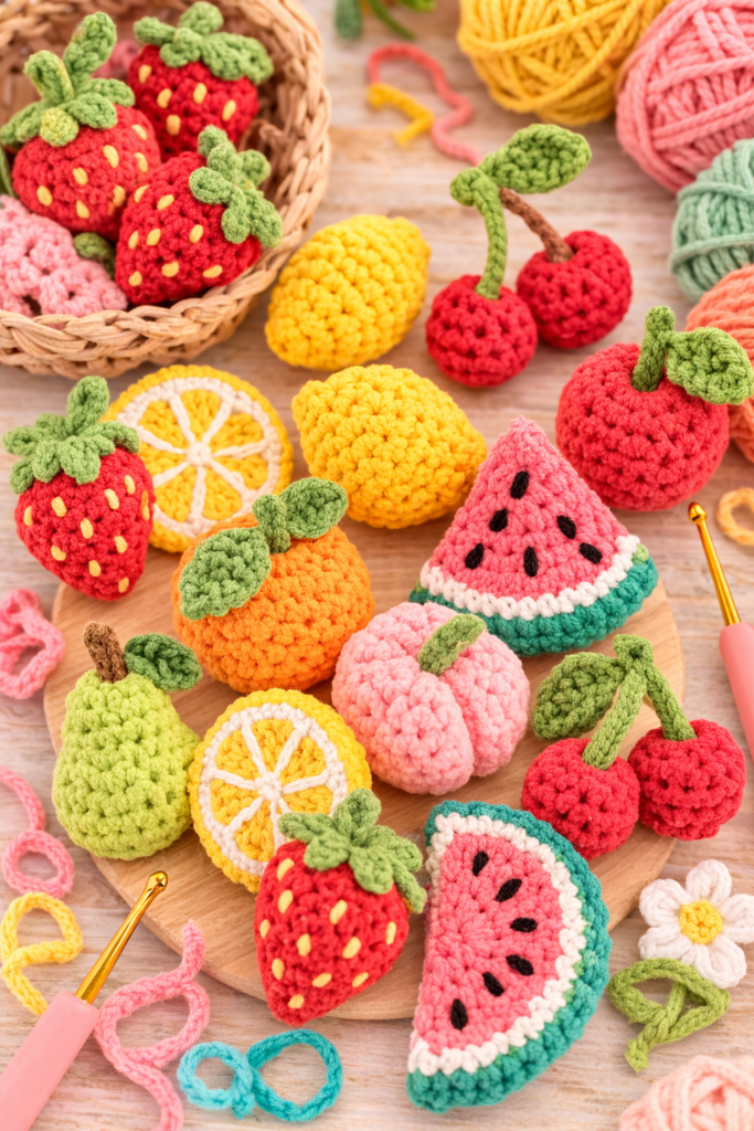 tiny crochet fruit including strawberries, lemons, cherries, and watermelons
