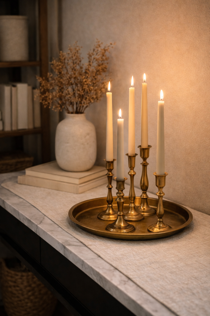 vintage brass candlesticks and tray styled on a marble console table.