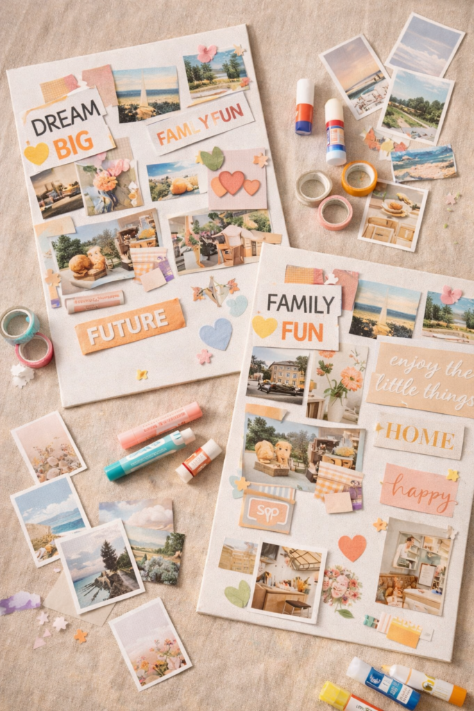 vision boards filled with aesthetic magazine cutouts and motivational words