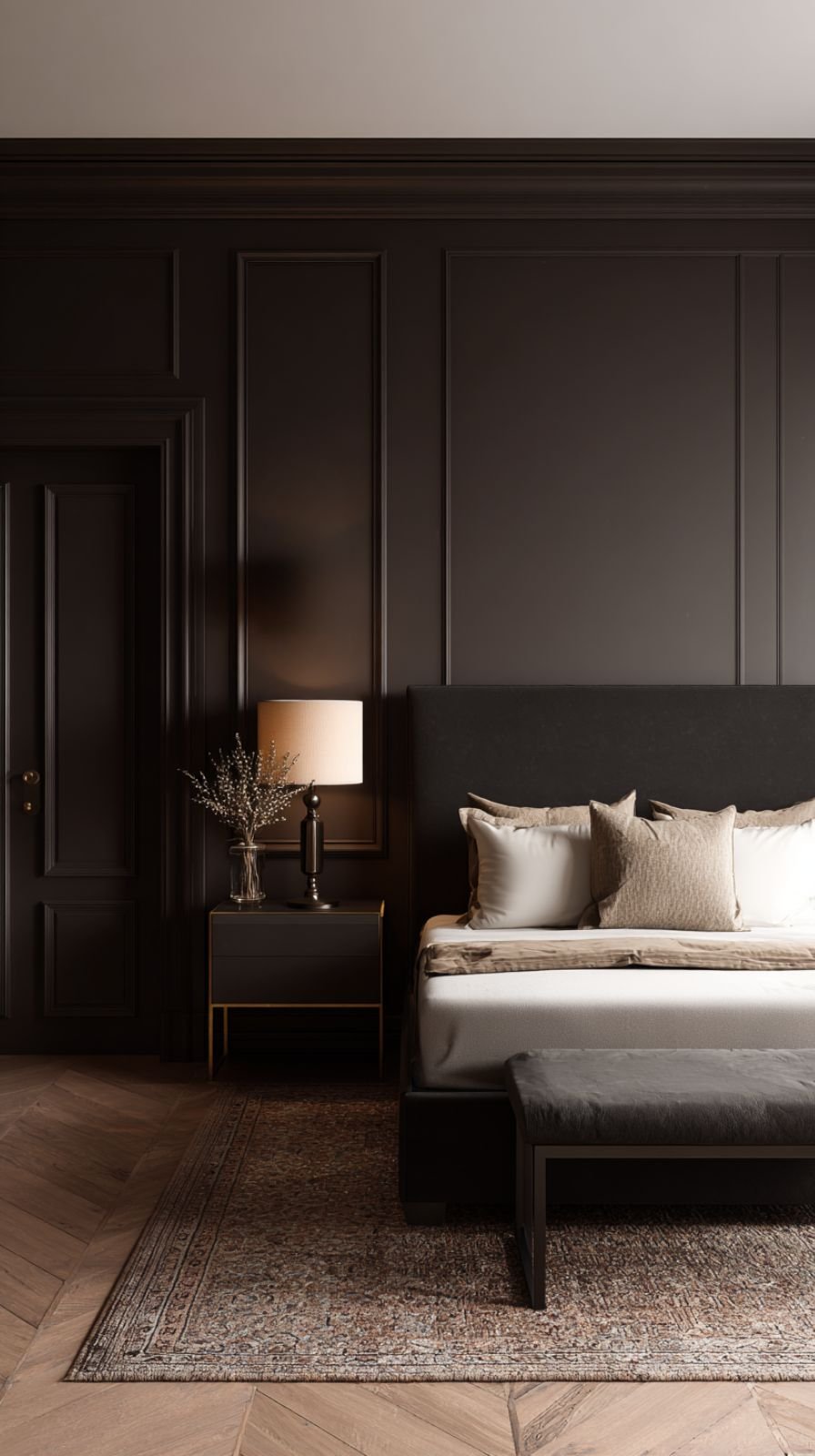 A moody, dramatic bedroom with espresso furniture, a near-black brown accent wall