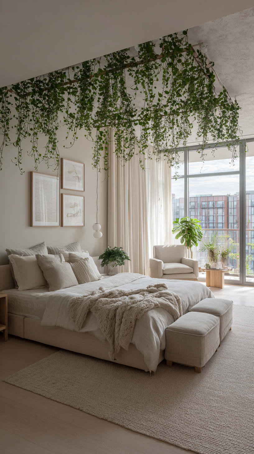 Biophilic one-bedroom apartment styled as a green oasis with a ceiling-mounted plant rail filled with cascading trailing plants
