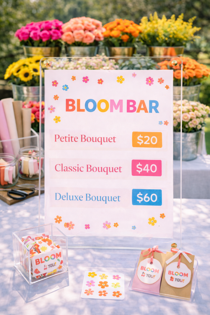 Bloom Bar pricing display outdoors