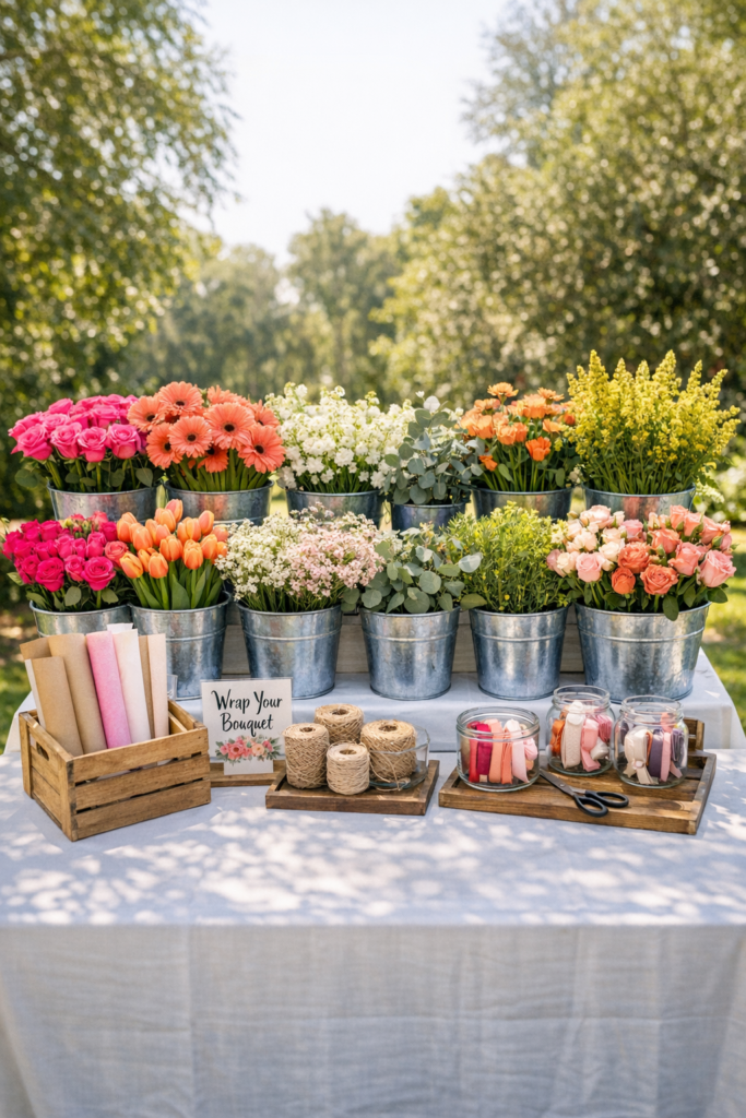 Bloom bar bouquet setup with wrapping station