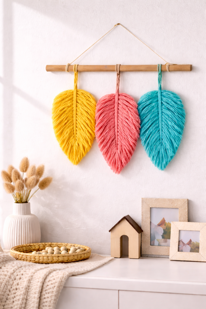 Bohemian yarn feather wall hanging