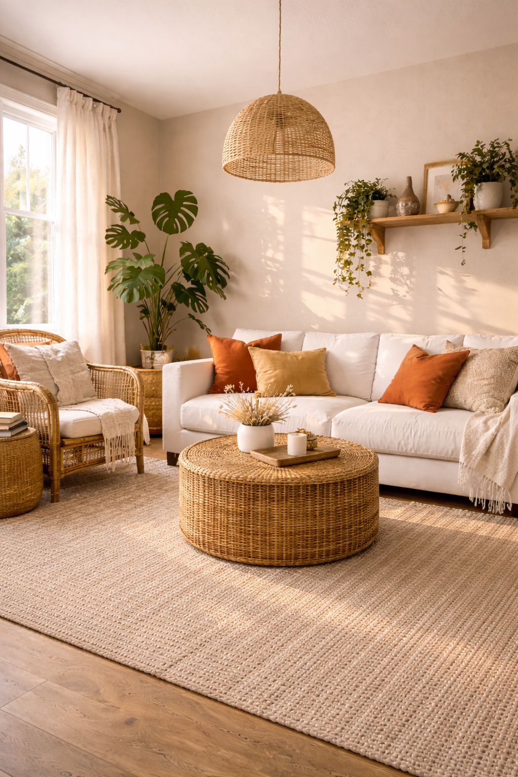Boho living room with warm sunlight