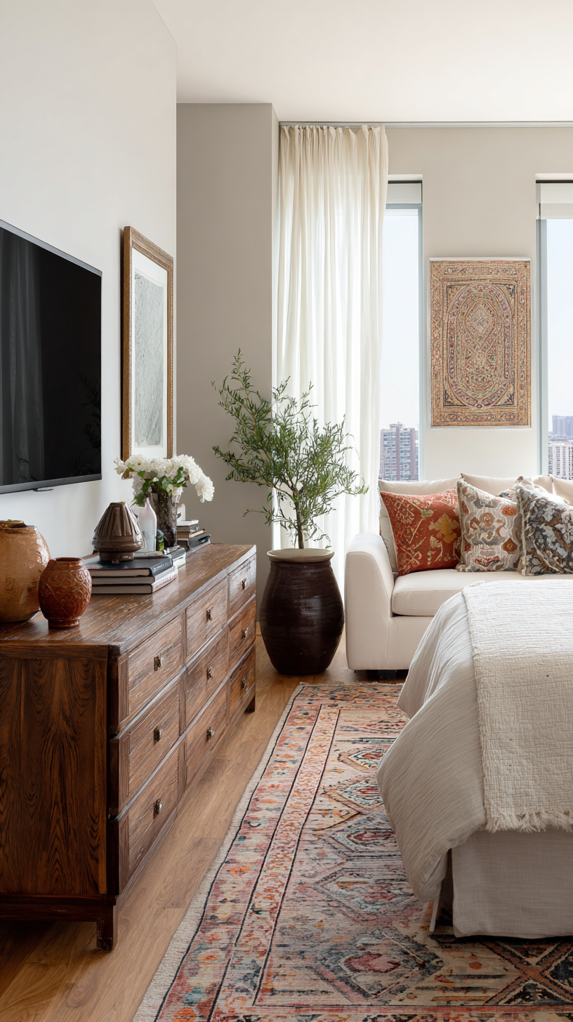 Boho-style one-bedroom apartment with layered global textiles, featuring a patterned kilim, low wood media console