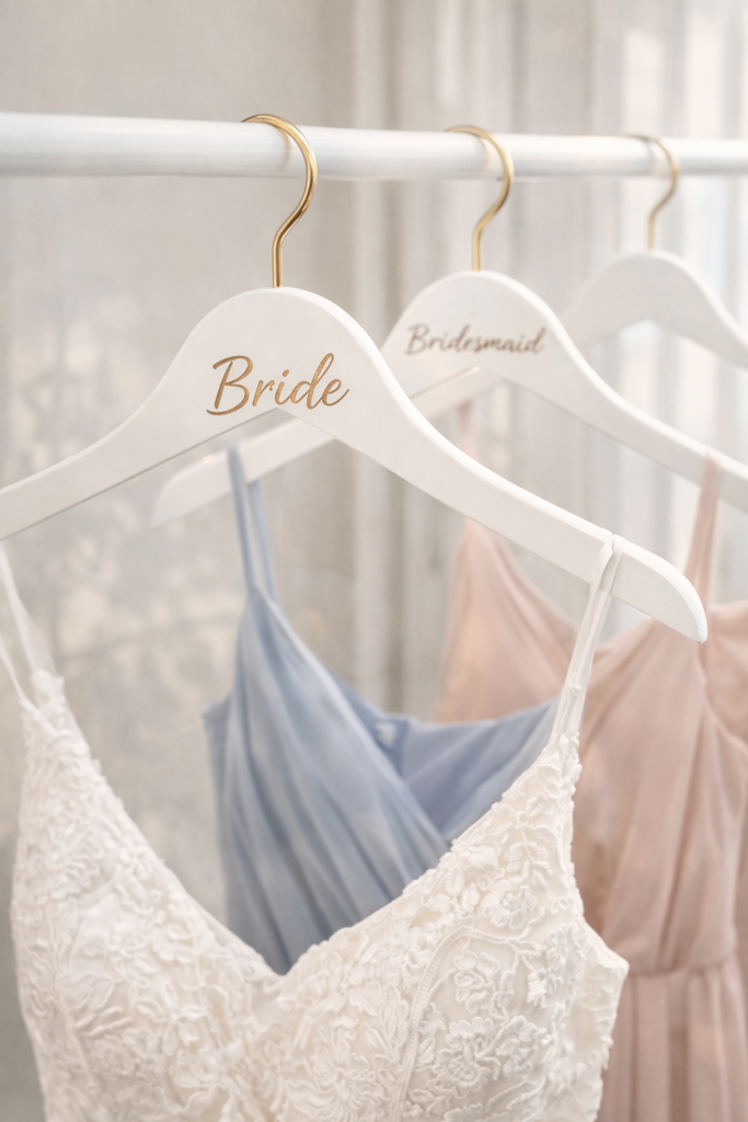 Bridal and bridesmaid attire display