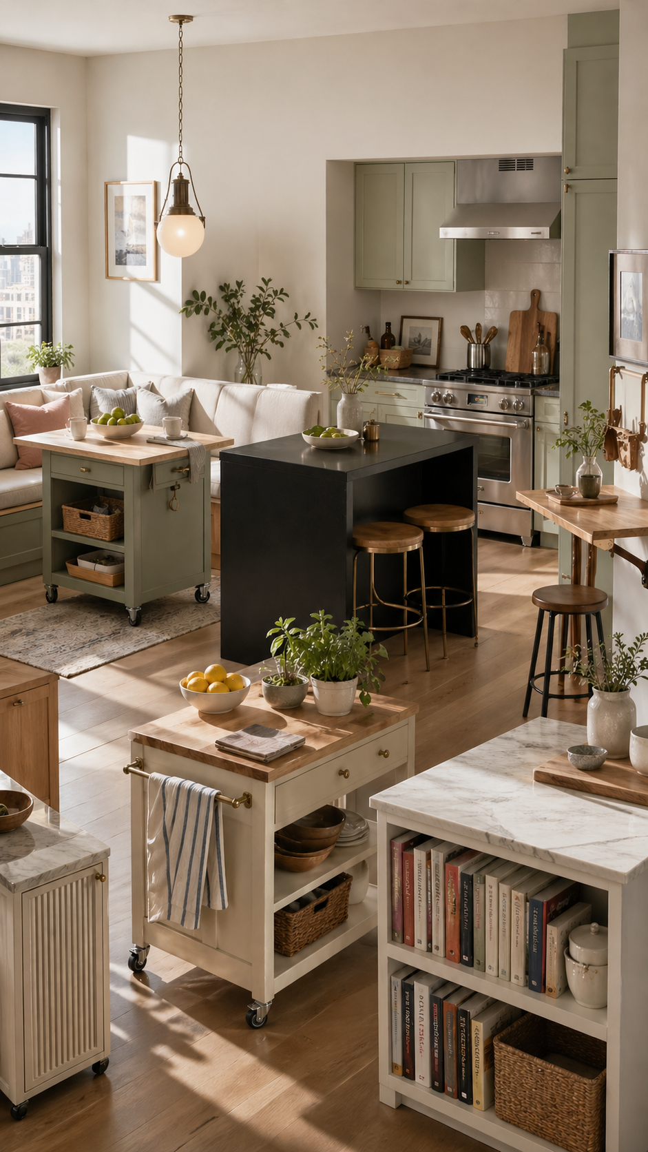 small apartment kitchen showcasing a mix of compact island solutions