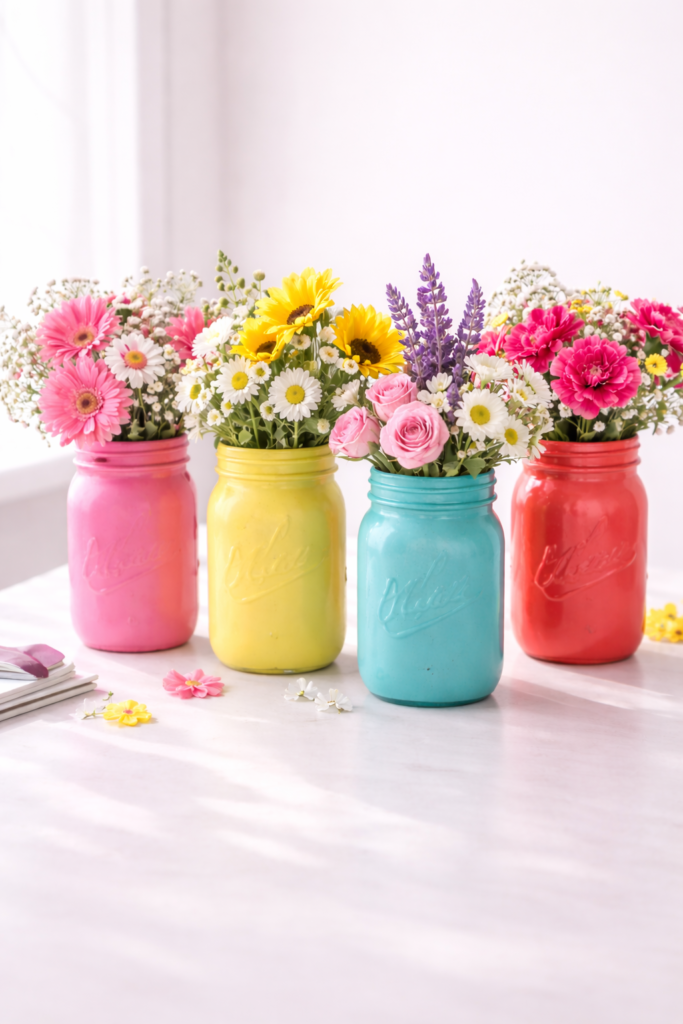 Bright flower-filled mason jars