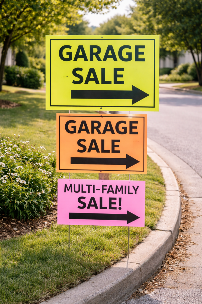 Bright neon garage sale signs