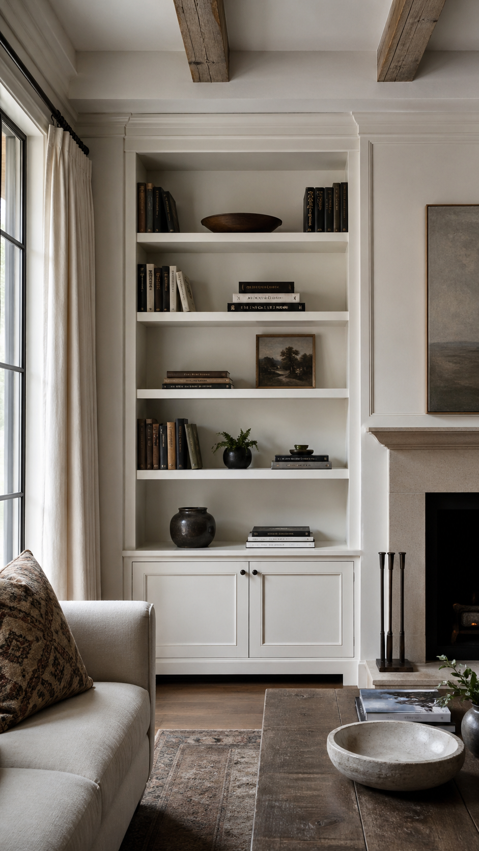 Built-in bookshelves styled with minimal contemporary restraint