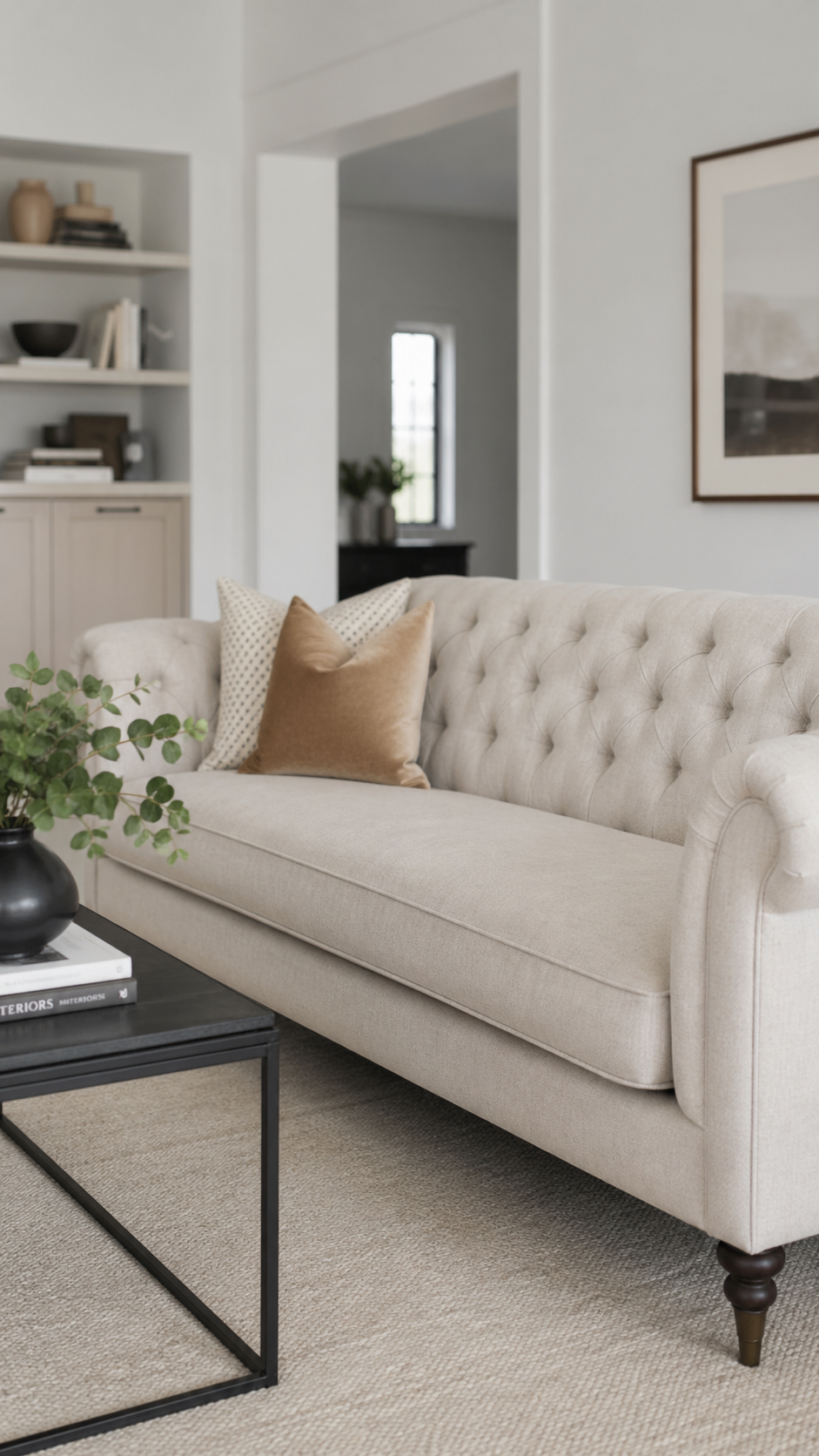 Button-tufted sofa in neutral linen as a transitional anchor piece