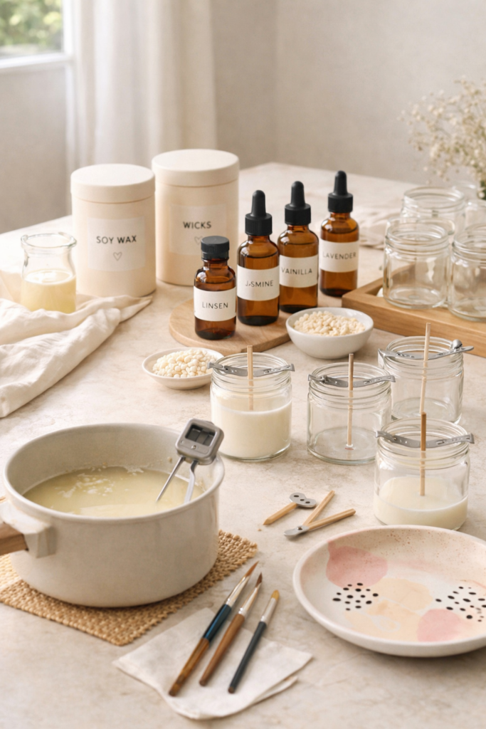 Candle making essentials on a countertop