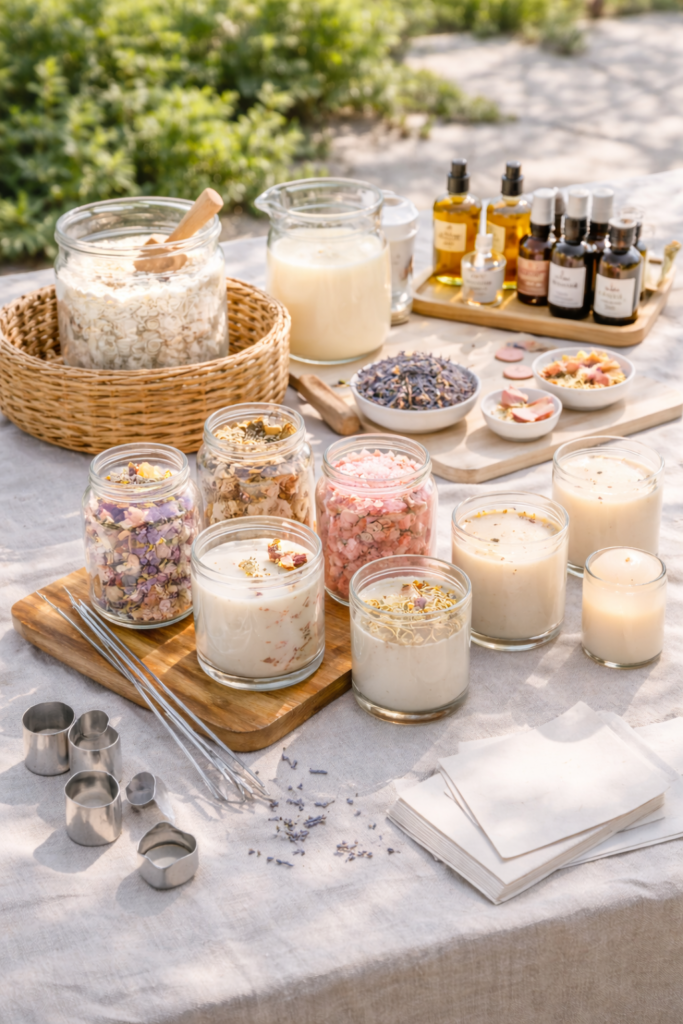 Candle-making station in nature's embrace