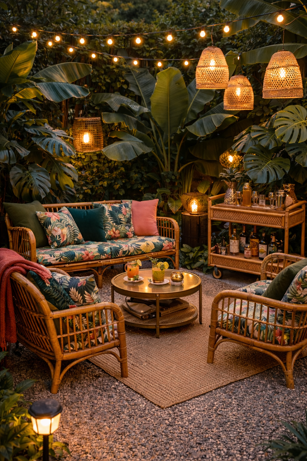Chic tropical outdoor lounge with rattan seating and bamboo accents, tropical-print cushions