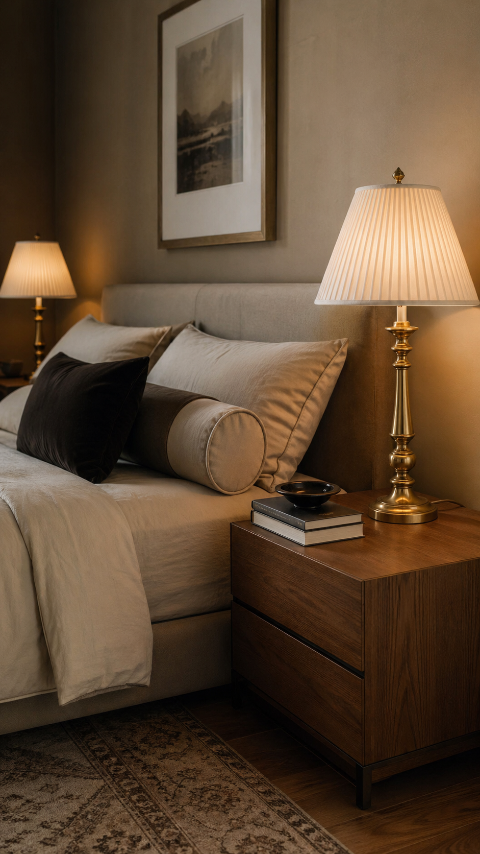 Classic candlestick lamps on a modern minimalist nightstand