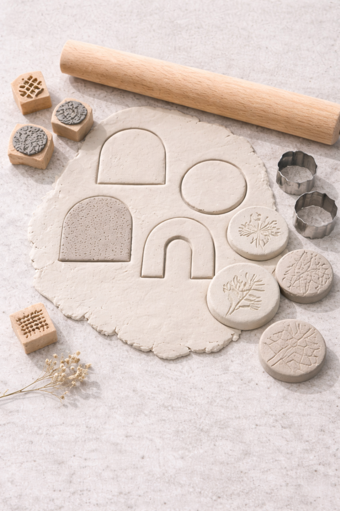 Clay crafting setup with botanical stamps