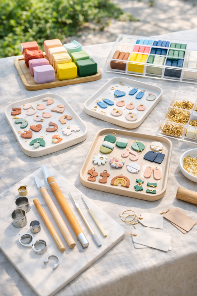 Clay jewelry-making station in daylight