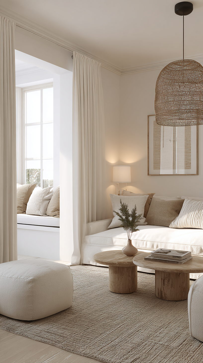 Coastal-inspired one-bedroom apartment living area with chalk white walls and soft sand-toned textures