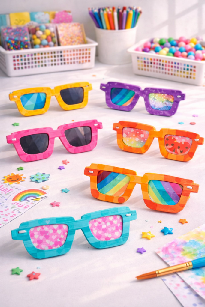 Colorful DIY sunglasses on a white surface