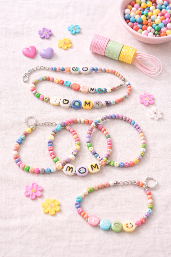 Colorful _MOM_ bead bracelets close-up