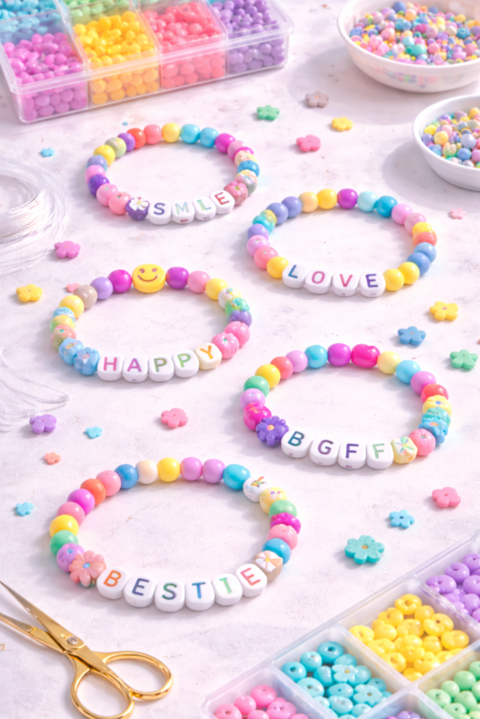 Colorful beaded bracelets and crafting supplies