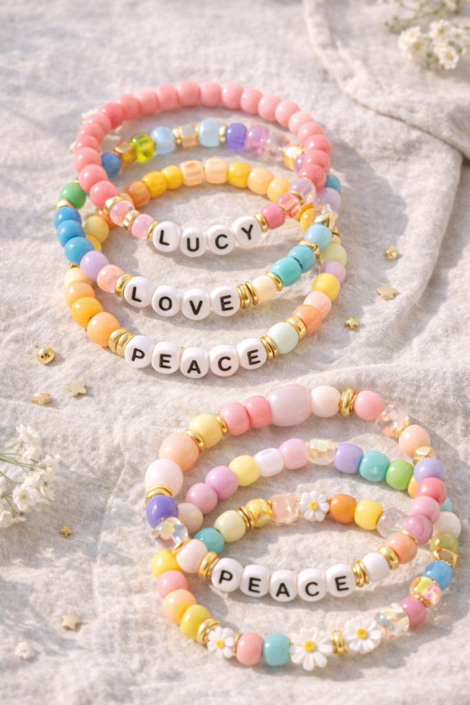 Colorful beaded bracelets on linen