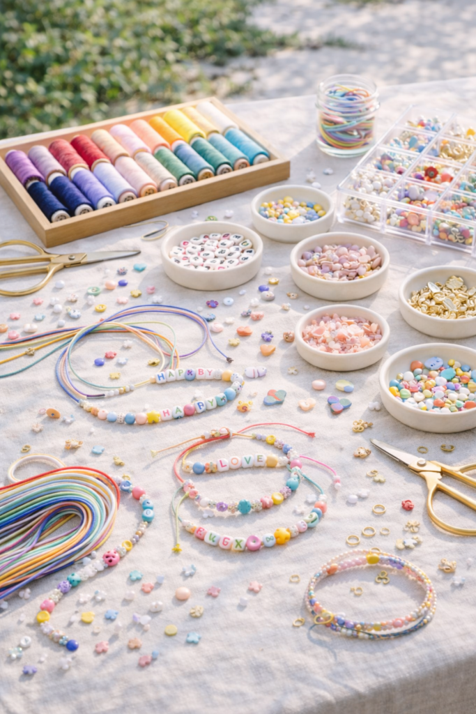 Colorful bracelet-making station outdoors