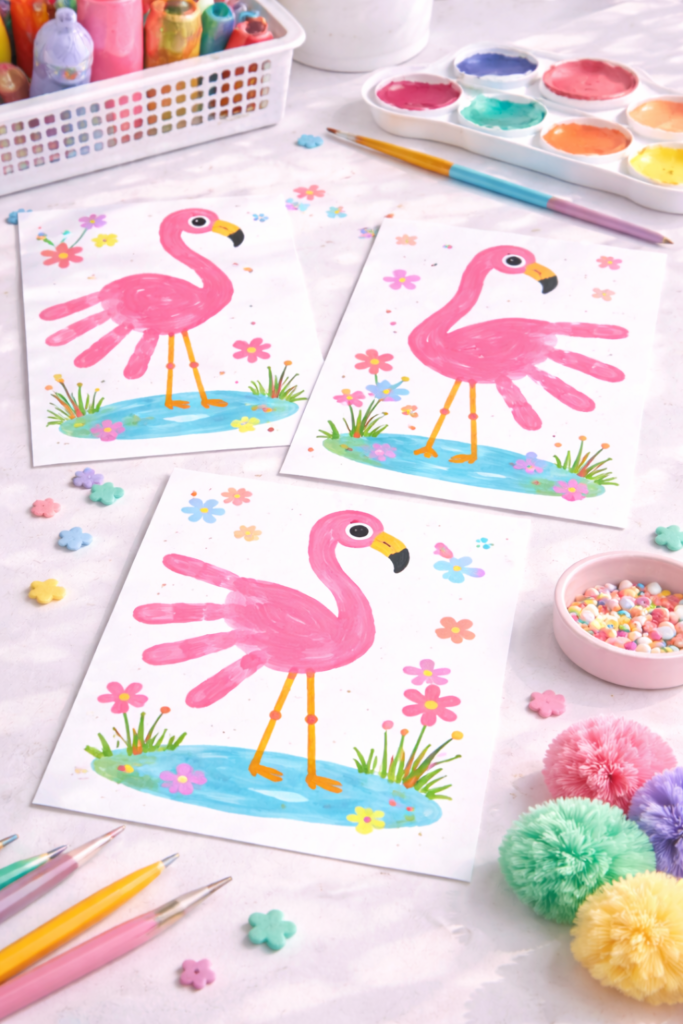 Colorful flamingo handprint crafts station